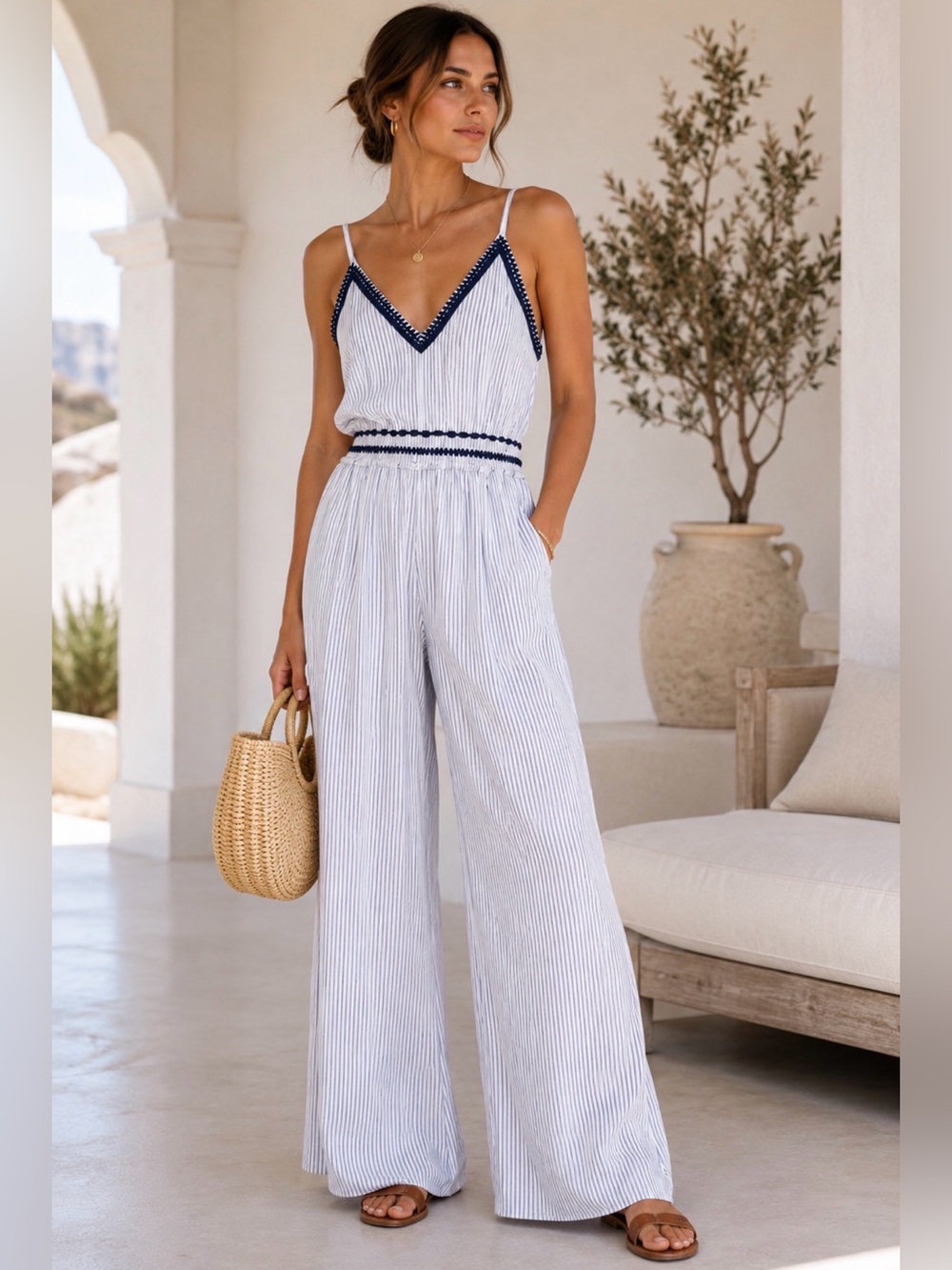 Japna Striped Wide Leg Jumpsuit XL Blue White Smocked Boho Palazzo